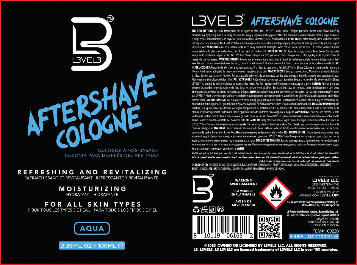 L3 Level 3 After Shave Spray Cologne for Men, Aqua, 3.38oz