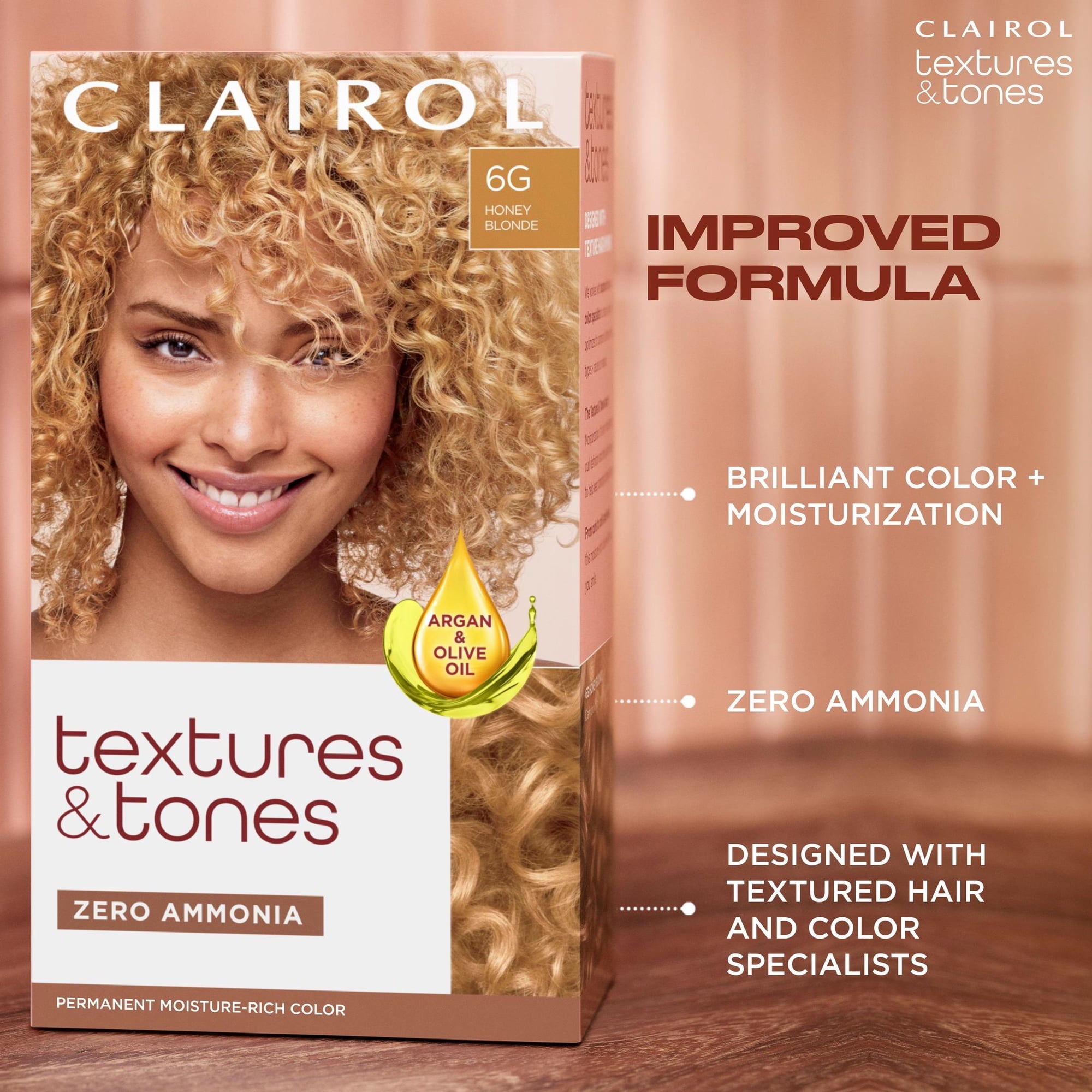 Clairol Textures & Tones Hair Dye Ammonia-Free Permanent Hair Color Creme, 6G Honey Blonde, 1 Application