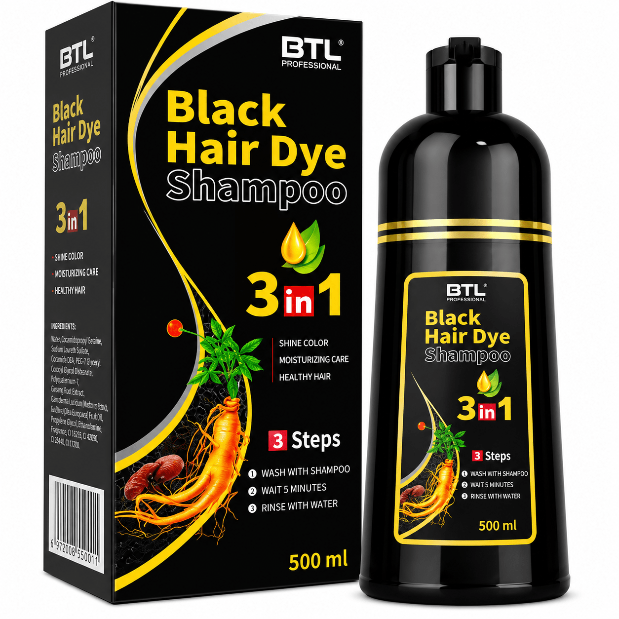 BTL 3 in 1 Hair Dye Shampoo Plants Ingredients Instant Color - Black 500ml