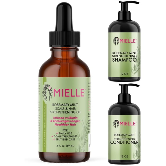 Mielle Organics Rosemary Mint Shampoo and Conditioner with Strengthening Hair Oil, 12oz
